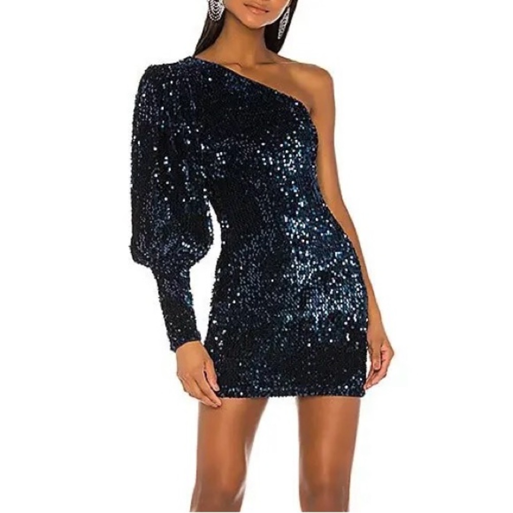 camila coelho katya mini dress in navy | sequin sparkle puff sleeve | size XS